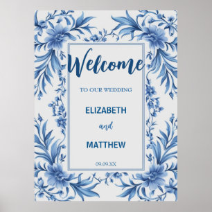 Póster Elegante Boda de antigüedades chinas azul y blanco