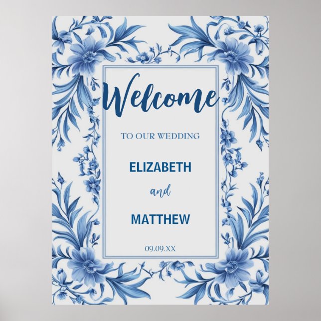 Póster Elegante Boda de antigüedades chinas azul y blanco (Frente)