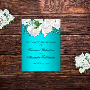 Póster Elegante Boda de Aqua Metálico y Rosas Blancas