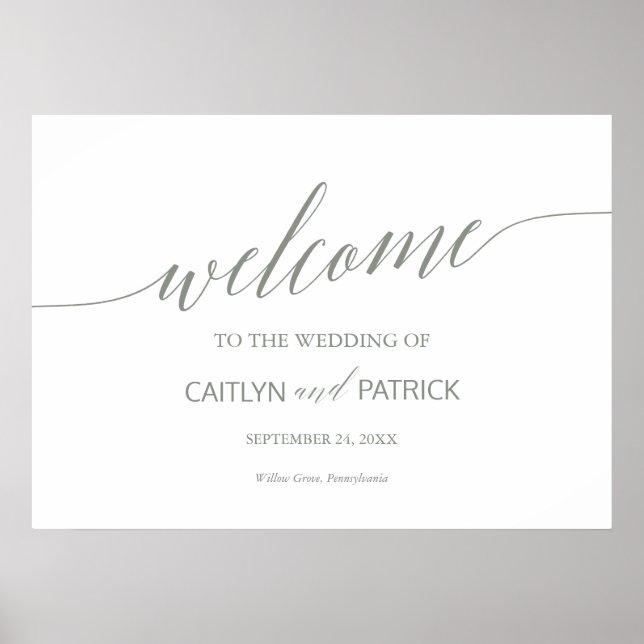 Póster Elegante Boda de bienvenida de la caligrafía verde (Frente)