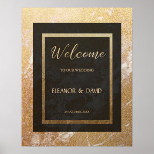Póster Elegante boda de bienvenida de mármol negro dorado