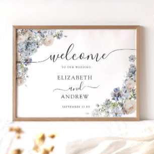 Póster Elegante Boda de bienvenida floral azul y blanco