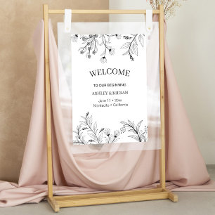 Póster Elegante Boda de bienvenida floral blanco y negro