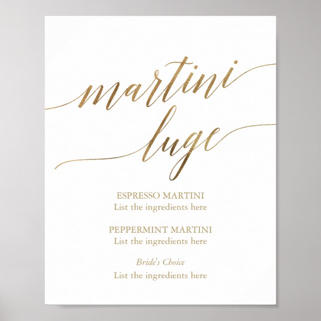 Póster Elegante Boda de caligrafía de oro Martini Luge (Frente)