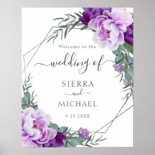 Póster Elegante Boda de Eucalipto floral plateado y morad