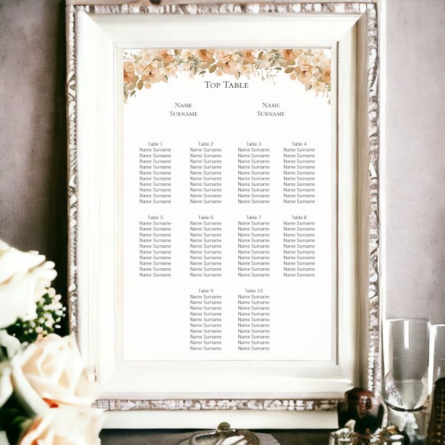 Póster Elegante Boda de Flor de Melocotón Verde (Elegant Green Peach Flower Wedding Seating Plan Poster from Ricaso (frame not included))
