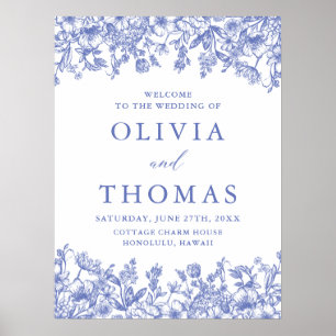 Póster Elegante Boda de Flor Silvestre Azul Vintage