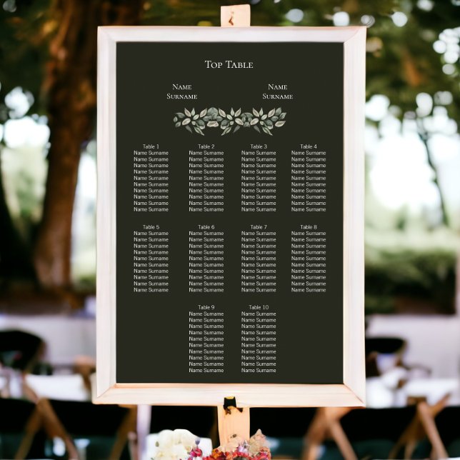 Póster Elegante Boda de follaje verde (Elegant Green Foliage Wedding Seating Plan Poster from Ricaso)