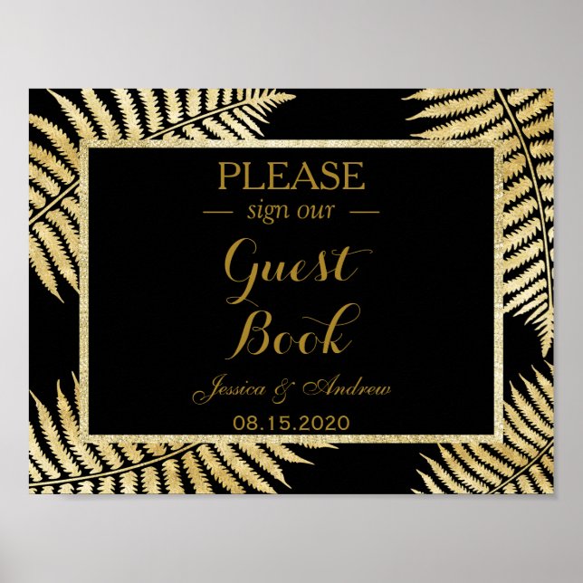 Póster Elegante Boda de Helecho con Hojas de Oro Falso (Frente)