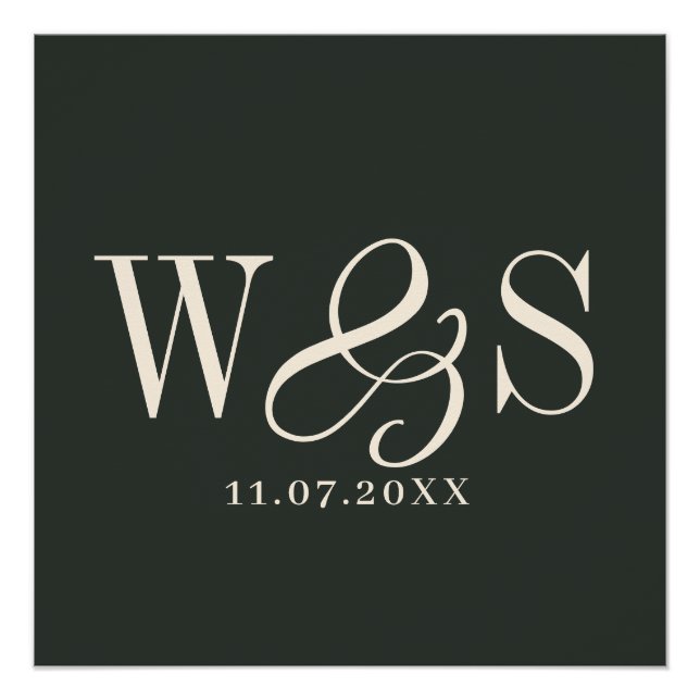 Póster Elegante boda de iniciales de la pareja de ébano (Anverso)