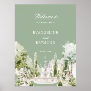 Póster Elegante boda de jardín en mansión con acuarela