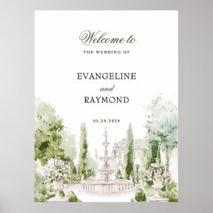 Póster Elegante boda de jardín en mansión con acuarela