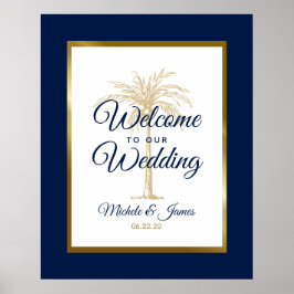 Póster Elegante Boda de la Marina Azul Oro Palm Tree