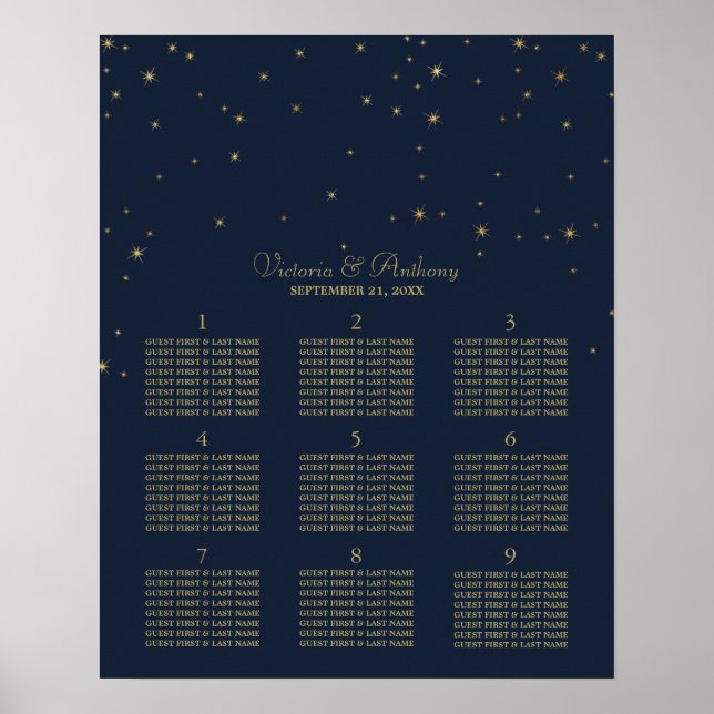 Póster Elegante Boda de la Marina y Oro Caer Estrellas (Frente)