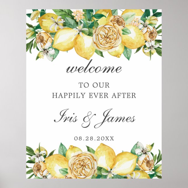 Póster Elegante Boda de la vegetación floral de limón (Frente)