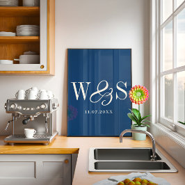 Póster Elegante boda de las iniciales de la pareja azul m