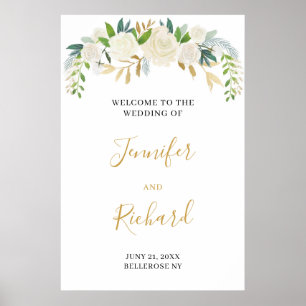 Póster Elegante boda de marfil boho floral dorado bienven