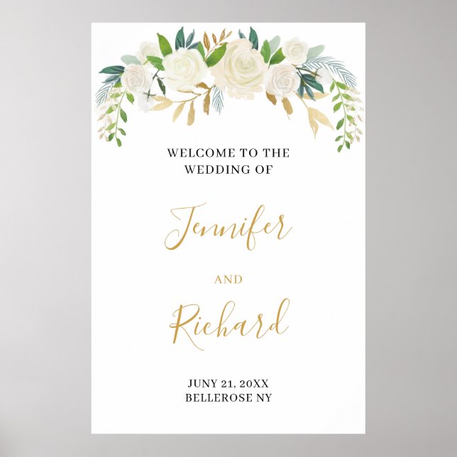 Póster Elegante boda de marfil boho floral dorado bienven (Frente)