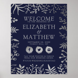 Póster Elegante Boda de Marina y Plata Floral Bienvenida