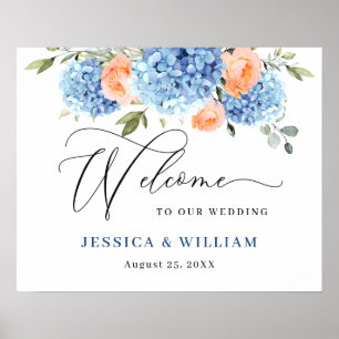 Póster Elegante Boda de Rosas de Rubor rosa Hydrangea azu