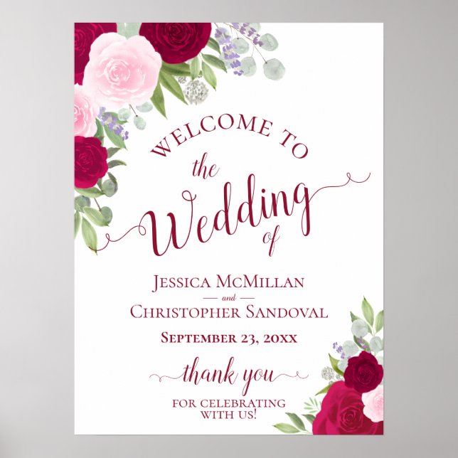 Póster Elegante Boda de Rosas Magenta y Boho Rosa (Frente)