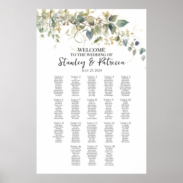 Póster Elegante boda de vegetación carta de asientos 18 m (Frente)
