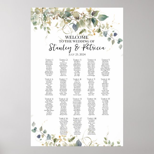 Póster Elegante boda de vegetación carta de asientos 18 m (Frente)