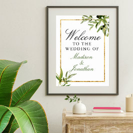 Póster Elegante Boda de vino botánico de oro verde