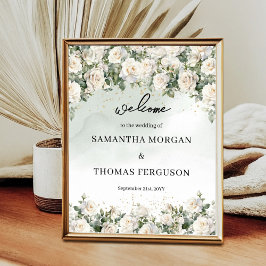 Póster Elegante boda dorado de rosas blancas
