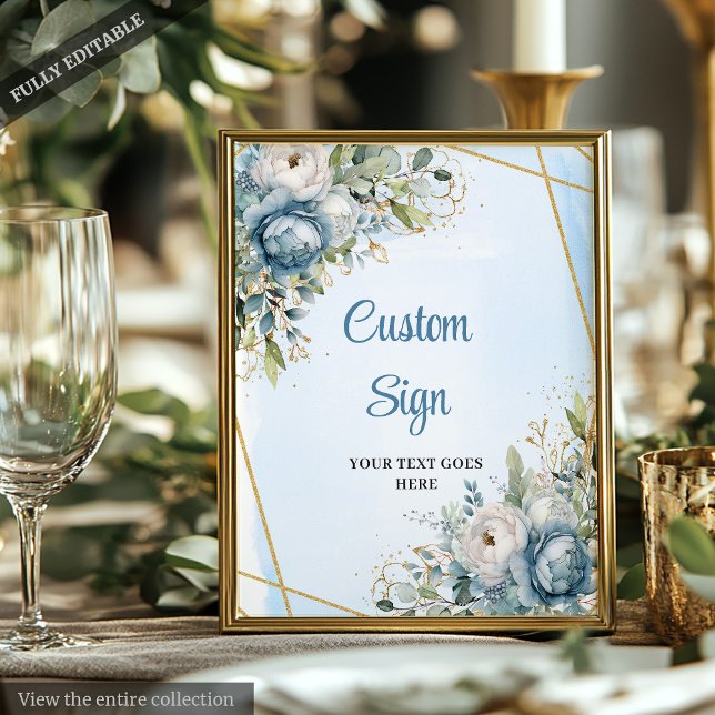 Póster Elegante Boda Dusty Blue Floral DIY Rótulo Persona (Elegant Dusty Blue Floral DIY Wedding Custom Sign)