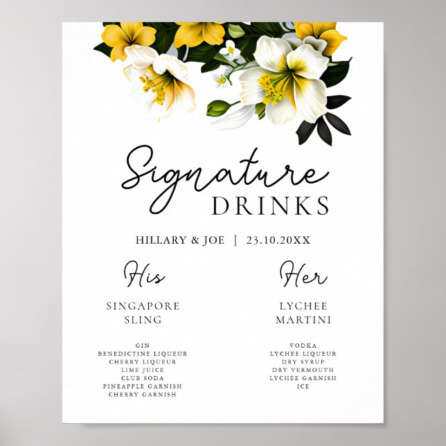 Póster Elegante Boda floral amarillo bebidas con firma (Frente)
