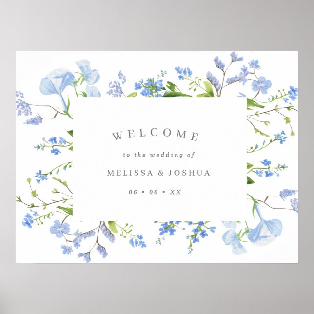 Póster Elegante Boda floral azul claro (Frente)