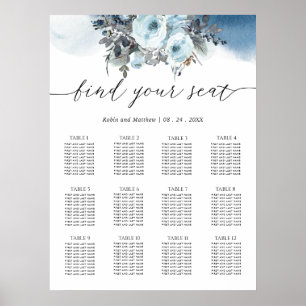 Póster Elegante Boda Floral Azul Rótulo de la tabla de as