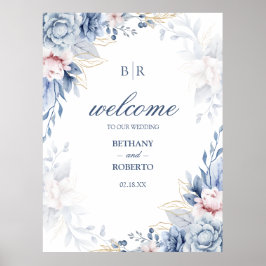 Póster Elegante Boda floral azul y acuarela dorada