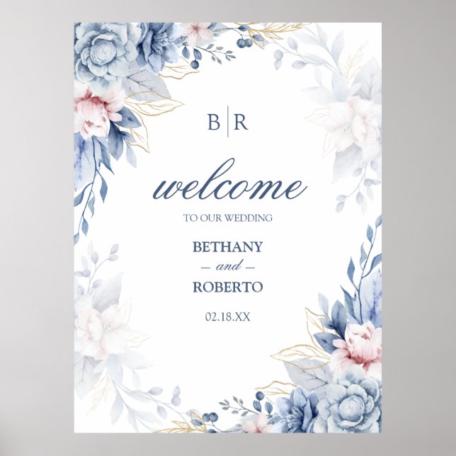 Póster Elegante Boda floral azul y acuarela dorada (Frente)