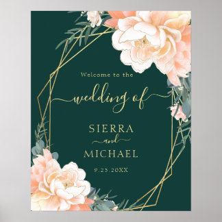 Póster Elegante Boda floral de oro verde esmeralda