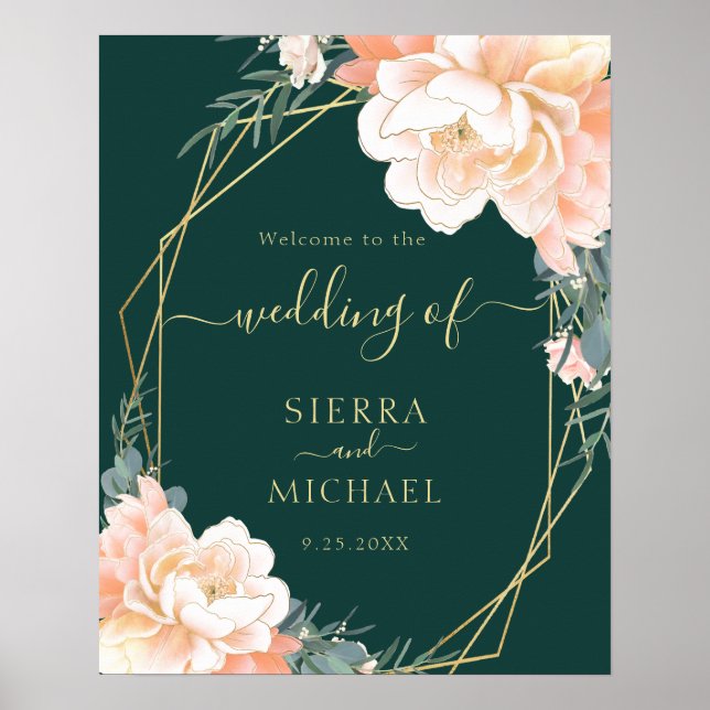 Póster Elegante Boda floral de oro verde esmeralda (Frente)