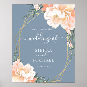 Póster Elegante Boda floral Dusty Blue Rubor Gold Peach