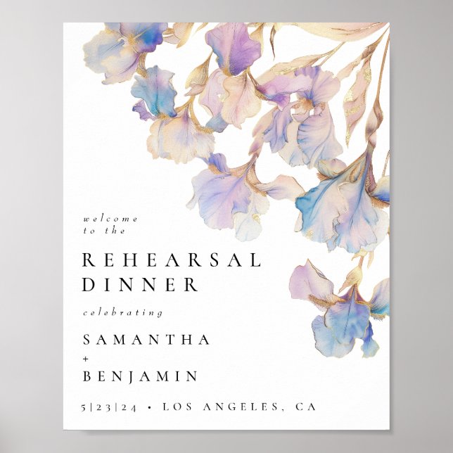Póster Elegante Boda Floral Iris Cena de Ensayos (Frente)