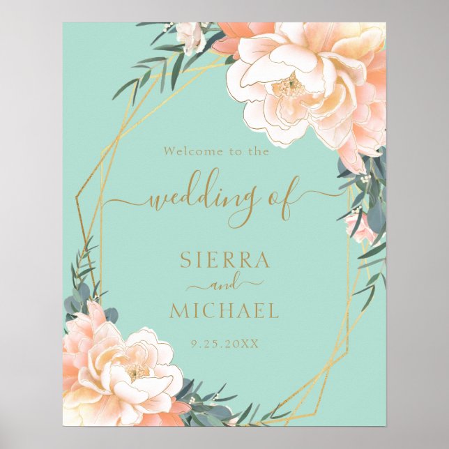 Póster Elegante Boda floral Mint Green Gold Rubor Peach (Frente)