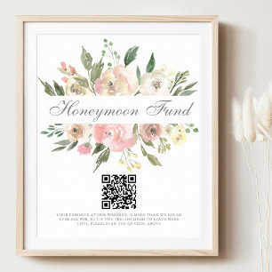 Póster Elegante Boda floral rosa de luna de miel Fondo QR