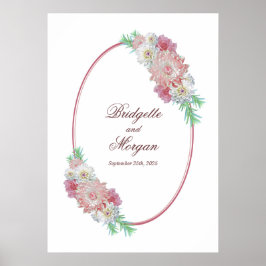 Póster Elegante Boda floral rosa del borde ovalado