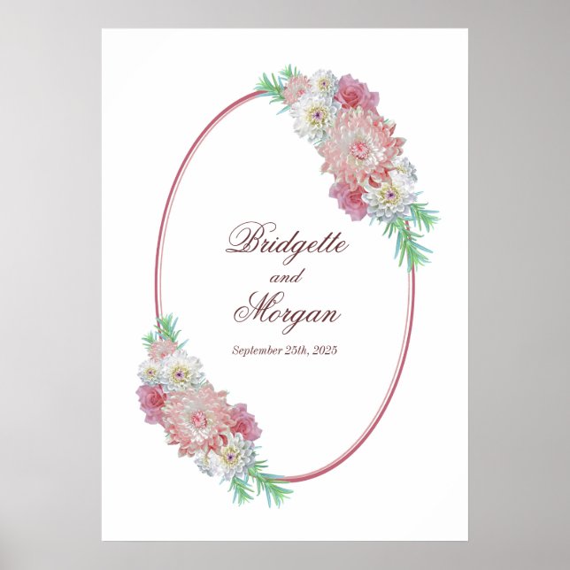 Póster Elegante Boda floral rosa del borde ovalado (Frente)