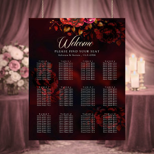 Póster Elegante boda floral temperamental de rojo y negro
