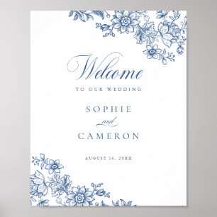 Póster Elegante Boda Floral Vintage Azul