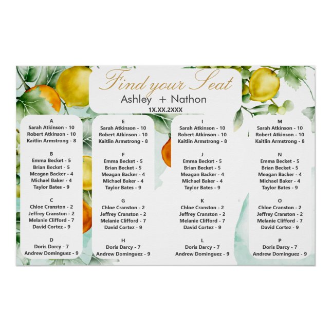 Póster Elegante Boda floral y acuarela de frutas (Anverso)