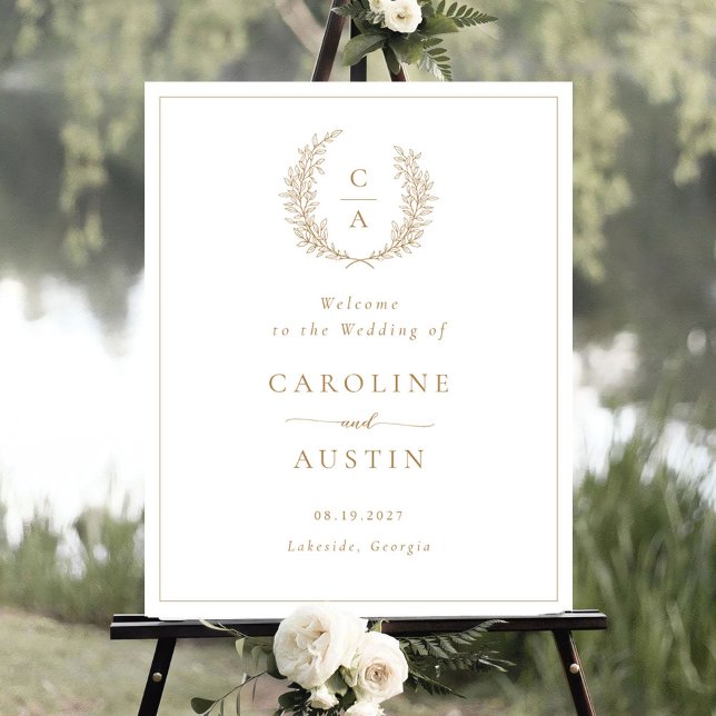 Póster Elegante Boda Leafy Wreath Gold Script (Subido por el creador)