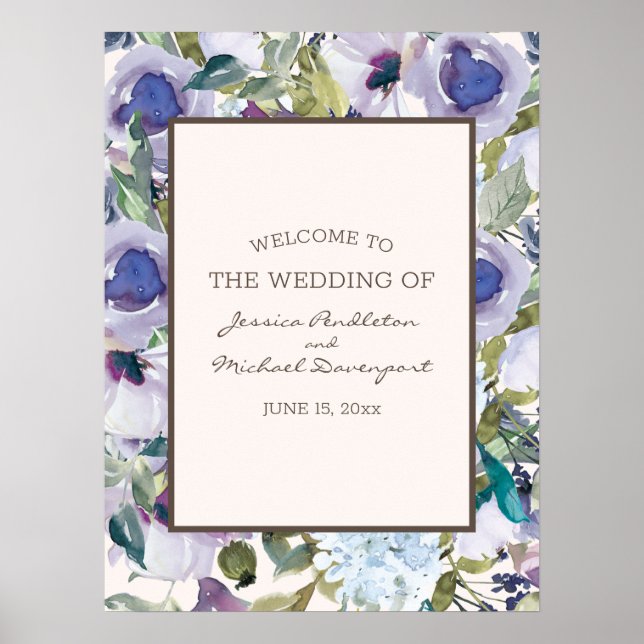 Póster Elegante Boda Lilac Dusty Blue Floral Bienvenida (Frente)