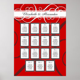 Póster Elegante Boda negro rojo 15 Tabla de asientos