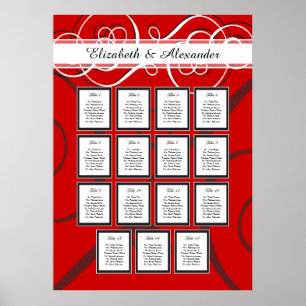 Póster Elegante Boda negro rojo 15 Tabla de asientos